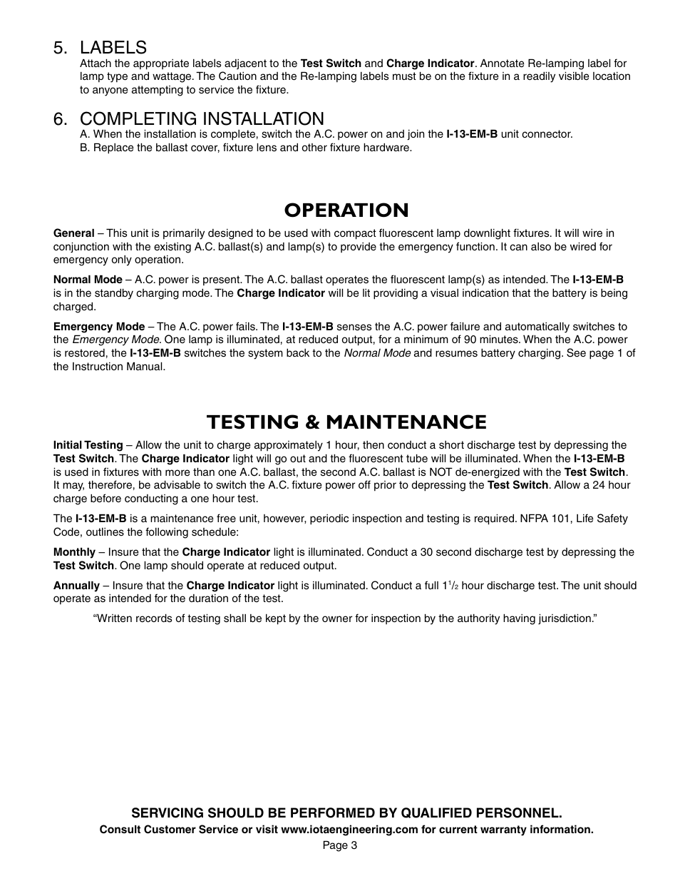 Operation, Testing & maintenance, Labels | Completing installation | IOTA I-13-EM-B User Manual | Page 3 / 5