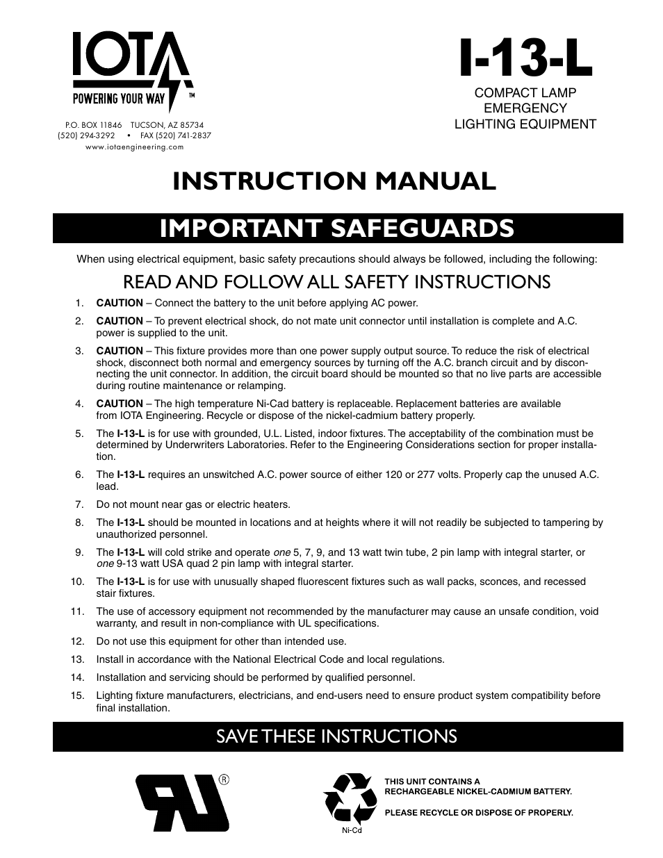 IOTA I-13-L User Manual | 6 pages