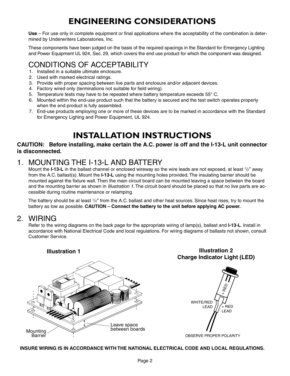Installation instructions, Engineering considerations, Mounting the i-13-l and battery | Wiring, Conditions of acceptability | IOTA I-13-L User Manual | Page 2 / 6
