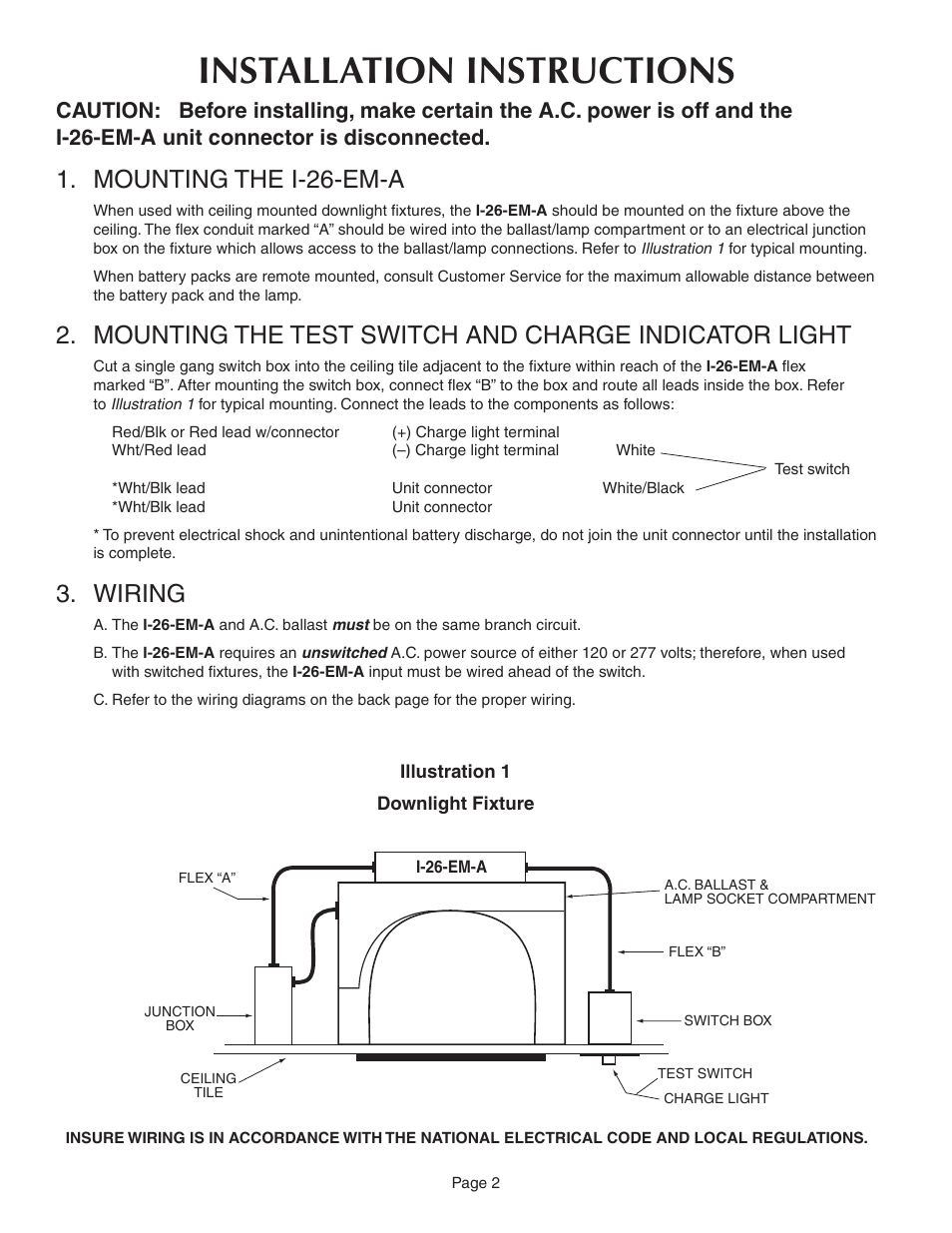 Installation instructions, Mounting the i-26-em-a, Wiring | IOTA I-26-EM-A User Manual | Page 2 / 5