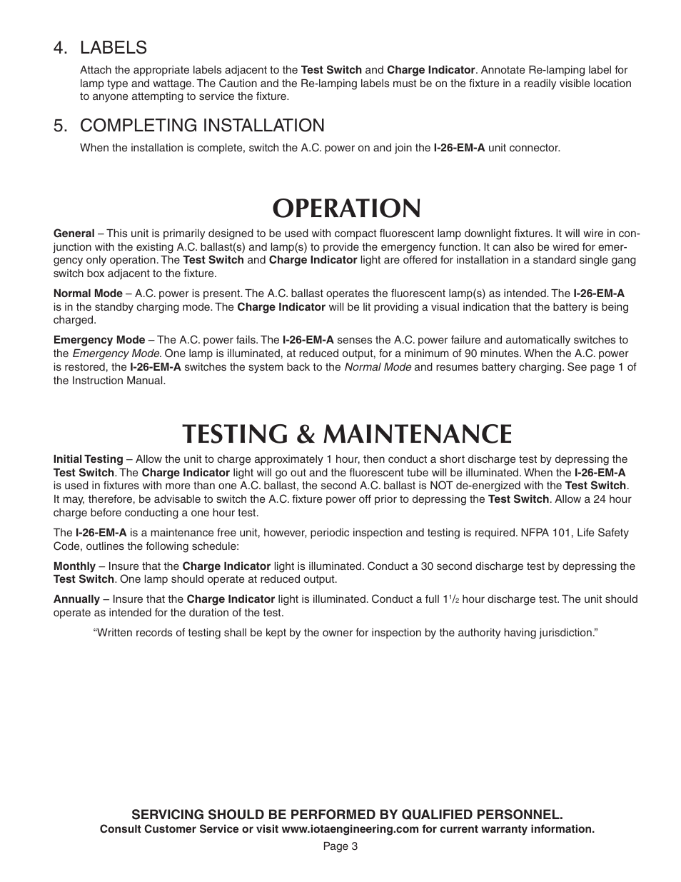 Operation, Testing & maintenance, Labels | Completing installation | IOTA I-26-EM-A User Manual | Page 3 / 5