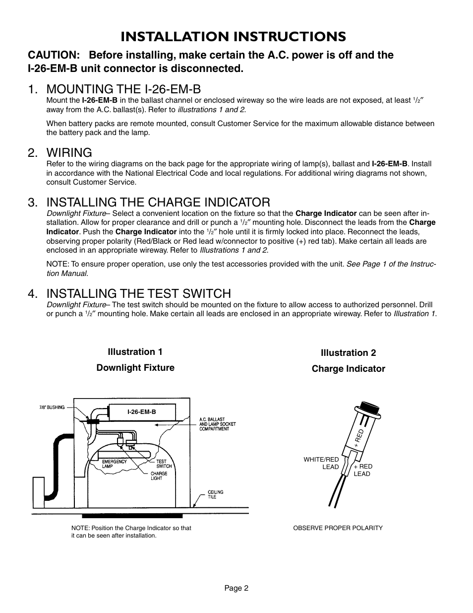Installation instructions, Mounting the i-26-em-b, Wiring | Installing the charge indicator, Installing the test switch | IOTA I-26-EM-B User Manual | Page 2 / 5