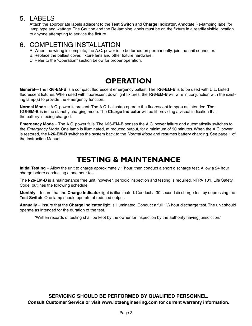 Operation, Testing & maintenance, Labels | Completing installation | IOTA I-26-EM-B User Manual | Page 3 / 5