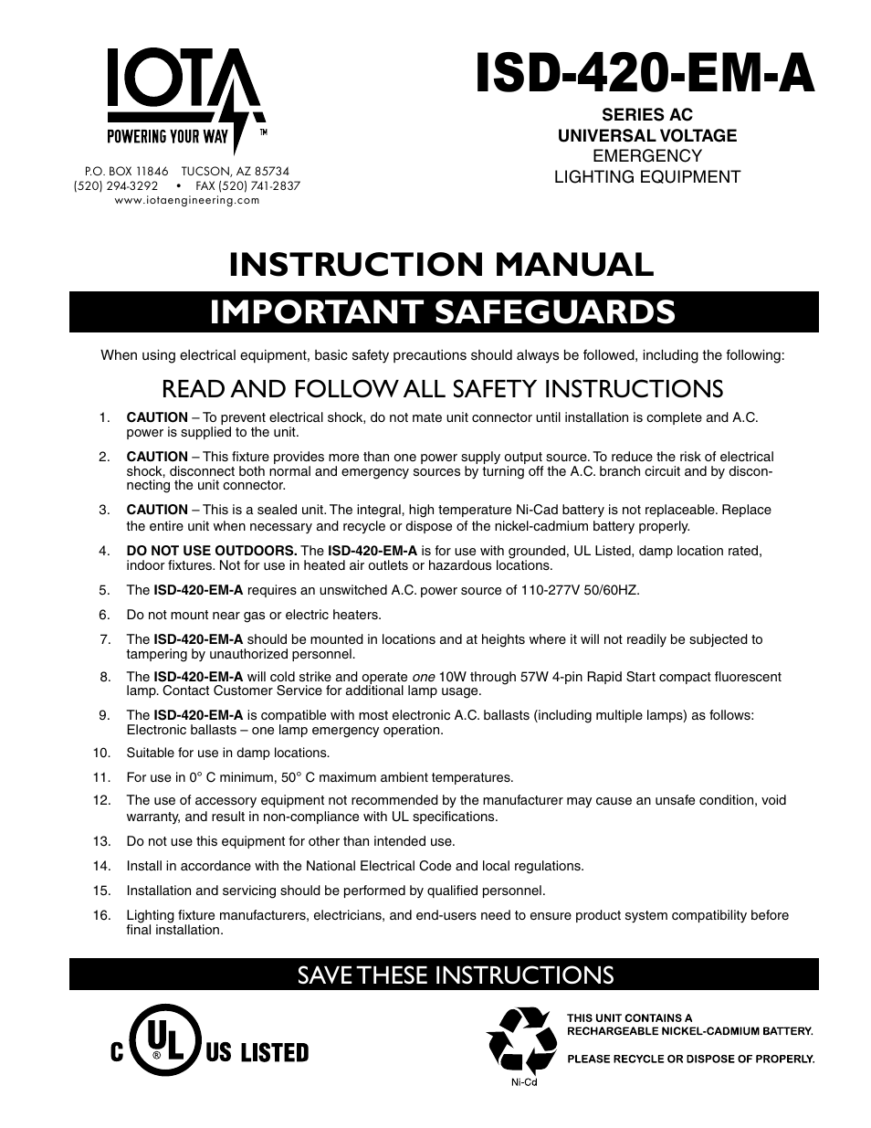 IOTA ISD-420-EM-A User Manual | 4 pages