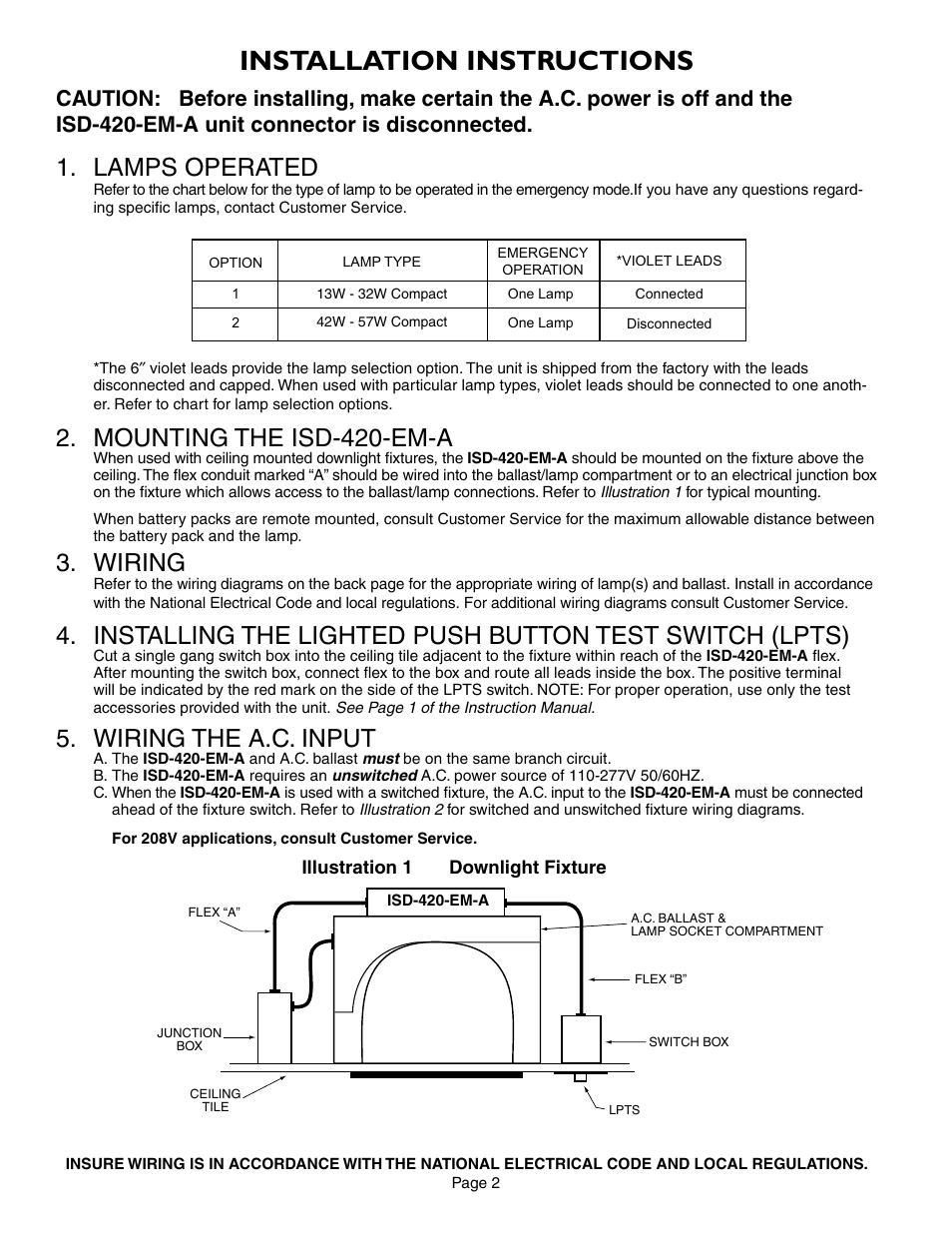 Installation instructions, Lamps operated, Mounting the isd-420-em-a | Wiring, Wiring the a.c. input | IOTA ISD-420-EM-A User Manual | Page 2 / 4