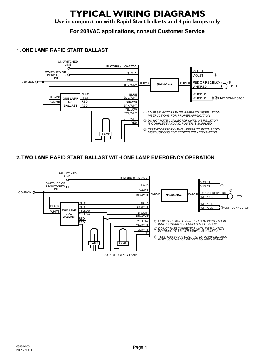 Typical wiring diagrams, For 208vac applications, consult customer service, Page 4 | 2lrsb_isd420a_ac two lamp rapid start ballast | IOTA ISD-420-EM-A User Manual | Page 4 / 4