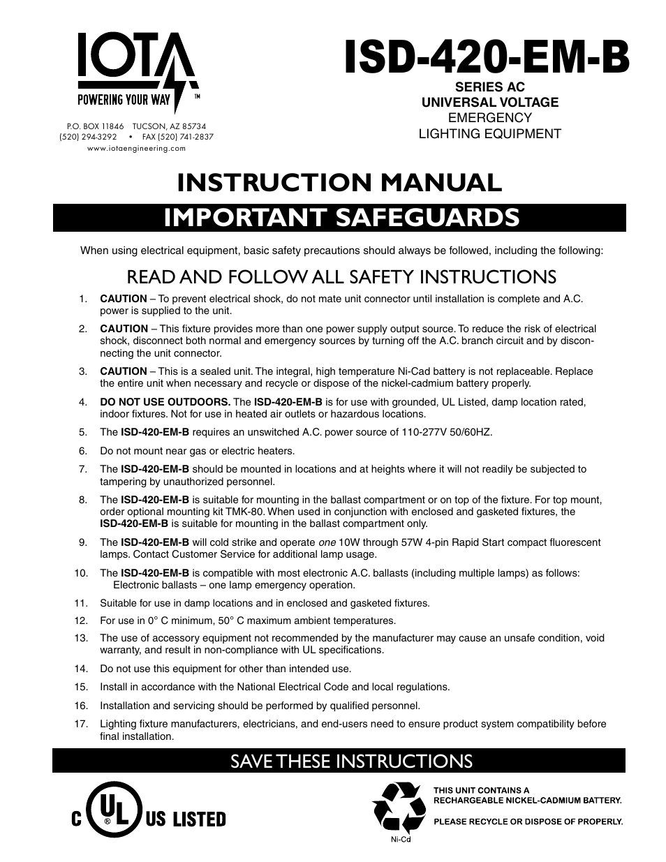 IOTA ISD-420-EM-B User Manual | 4 pages