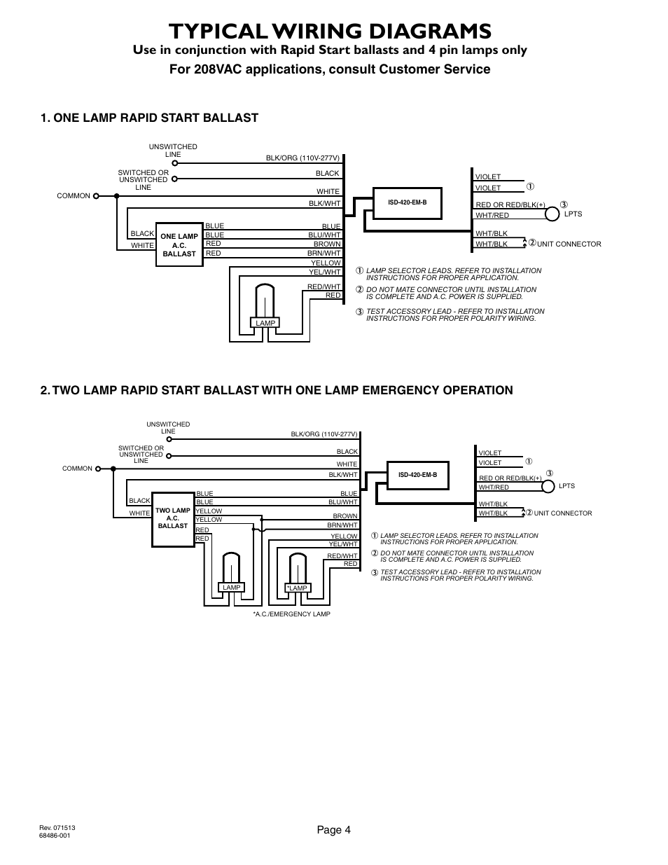 Typical wiring diagrams, Page 4, 1lrsb_isd420b_ac one lamp rapid start ballast | IOTA ISD-420-EM-B User Manual | Page 4 / 4