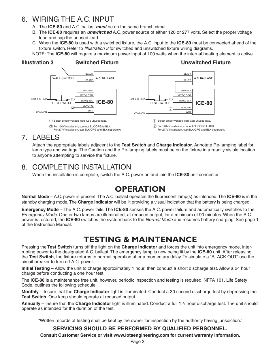 Operation, Testing & maintenance, Wiring the a.c. input | Labels, Completing installation | IOTA ICE-80 User Manual | Page 3 / 4