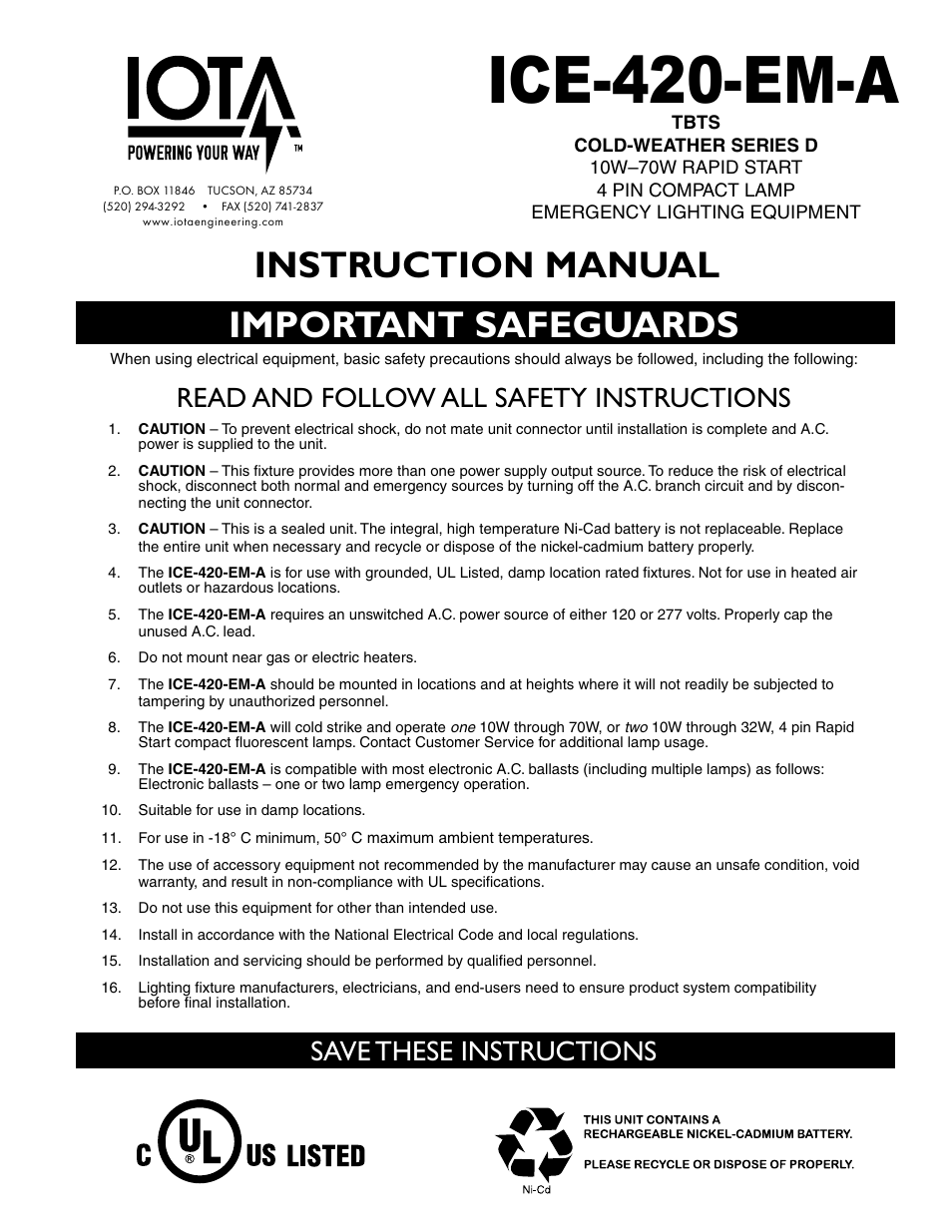 IOTA ICE-420-EM-A User Manual | 4 pages