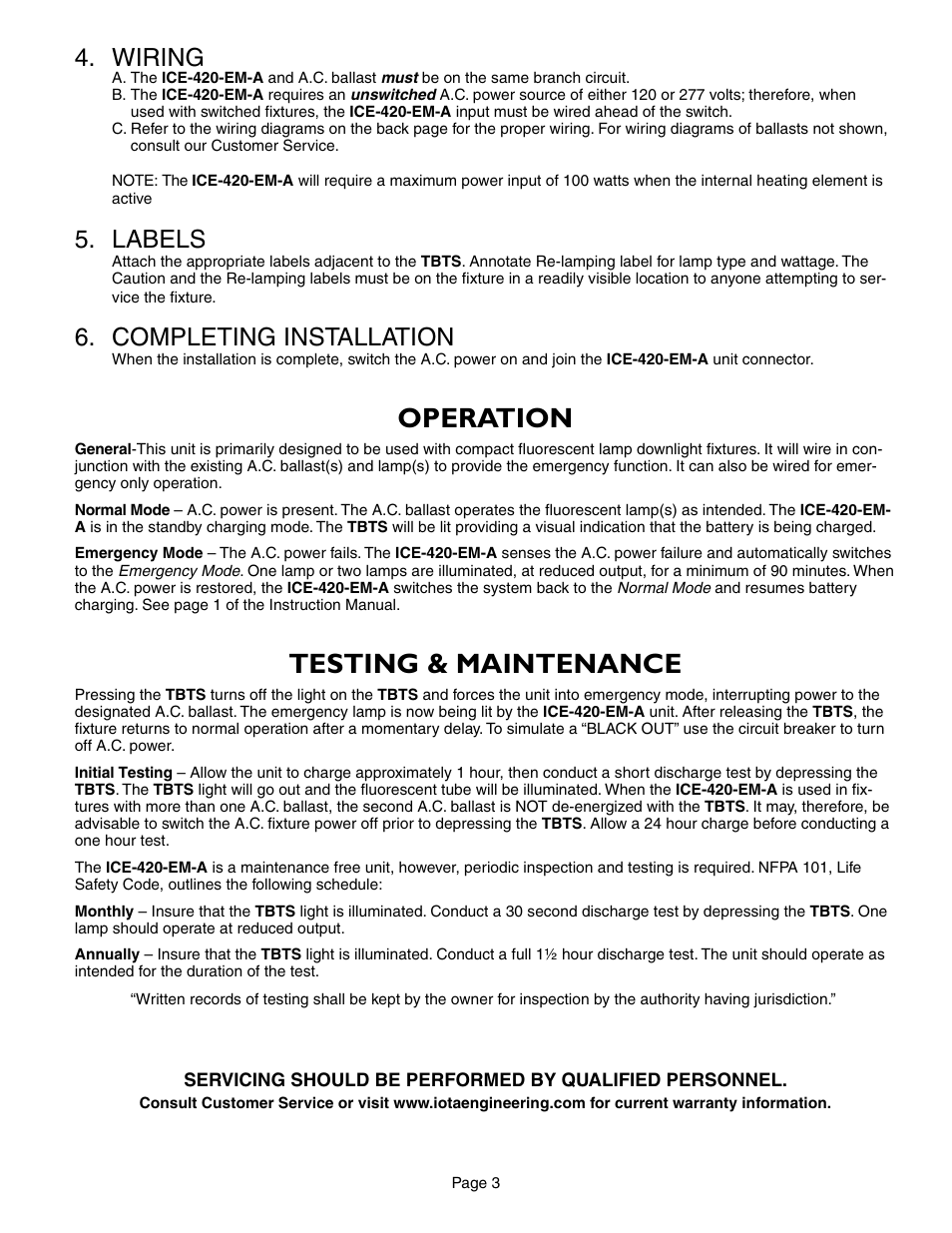 Operation, Testing & maintenance, Wiring | Labels, Completing installation | IOTA ICE-420-EM-A User Manual | Page 3 / 4