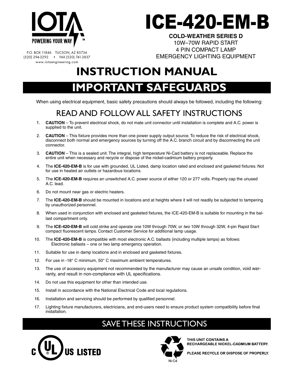 IOTA ICE-420-EM-B User Manual | 4 pages