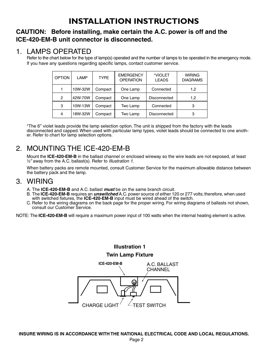 Installation instructions, Mounting the ice-420-em-b, Wiring | Lamps operated | IOTA ICE-420-EM-B User Manual | Page 2 / 4