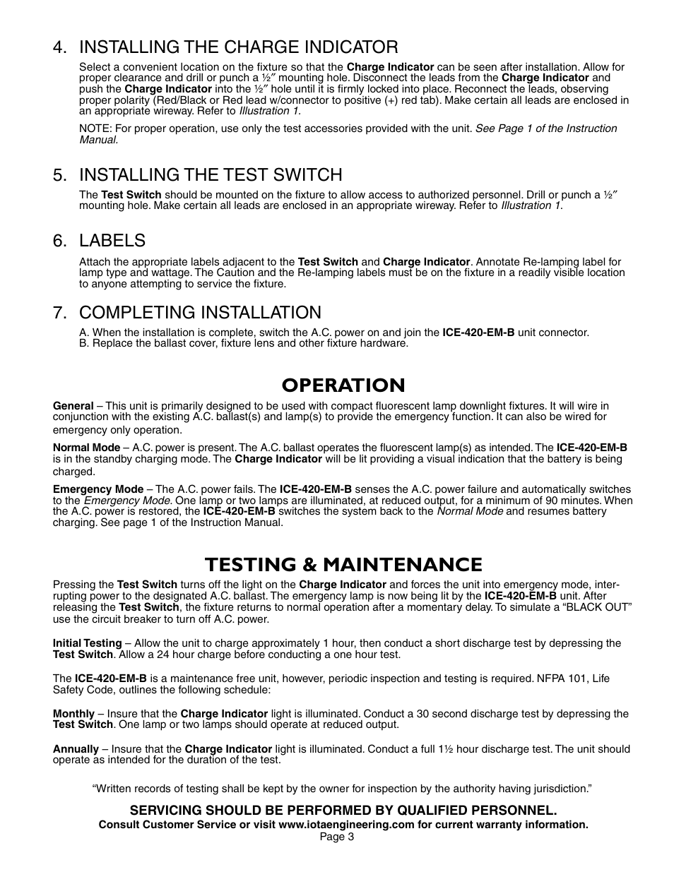 Operation, Testing & maintenance, Installing the charge indicator | Installing the test switch, Labels, Completing installation | IOTA ICE-420-EM-B User Manual | Page 3 / 4