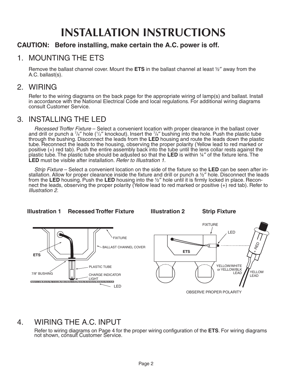 Installation instructions, Mounting the ets, Wiring | Installing the led, Wiring the a.c. input | IOTA ETS User Manual | Page 2 / 4