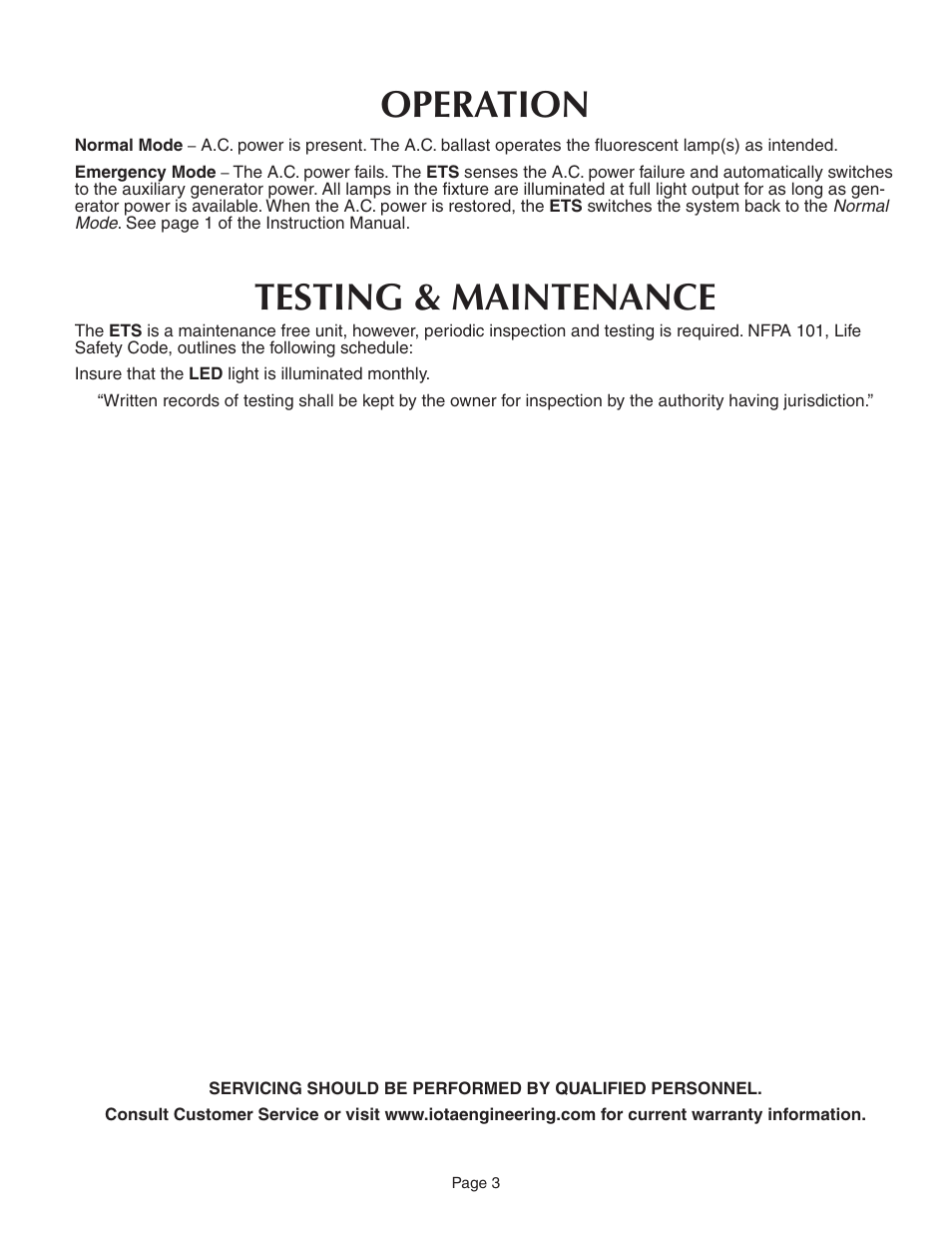 Operation, Testing & maintenance | IOTA ETS User Manual | Page 3 / 4