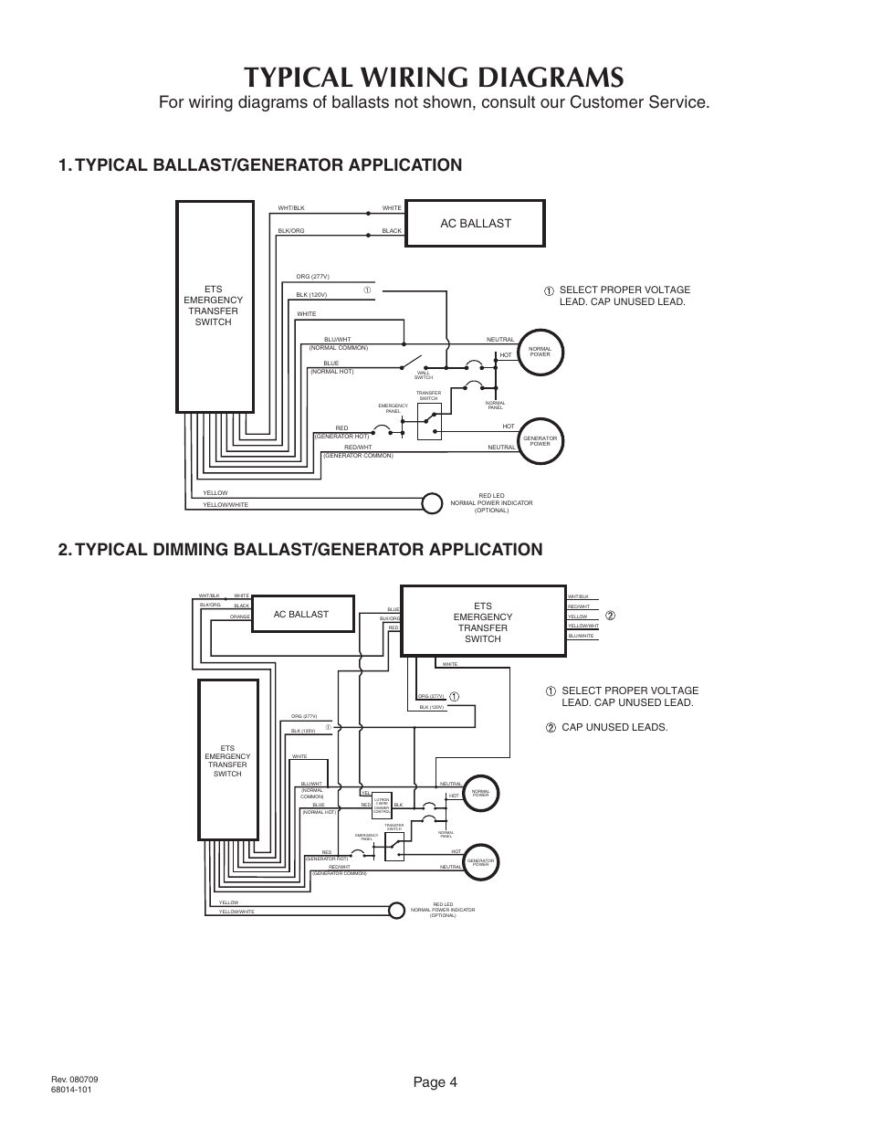 Typical wiring diagrams, Page 4, Ac ballast | Typical generator application ets1_mod | IOTA ETS User Manual | Page 4 / 4