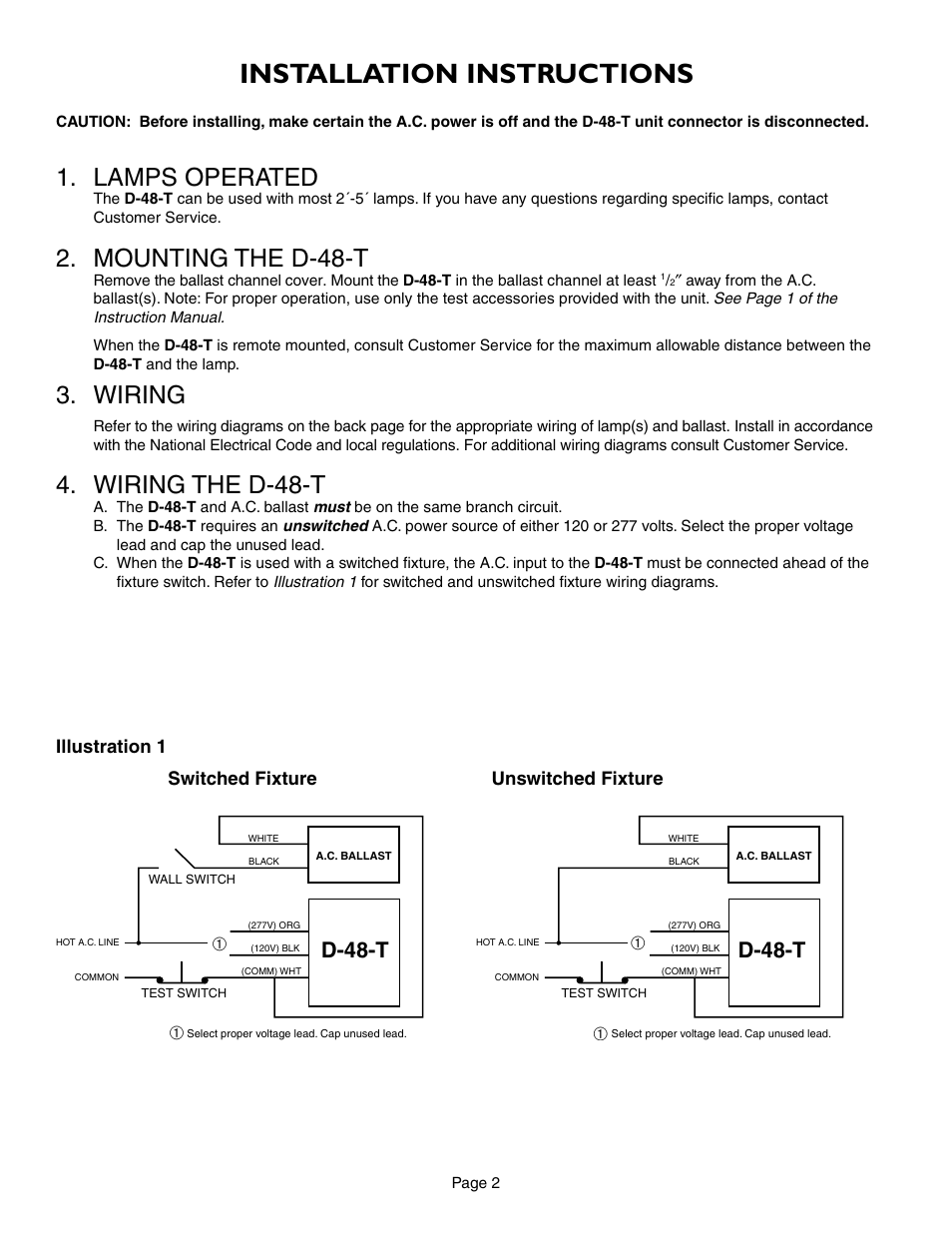 Installation instructions, Lamps operated, Mounting the d-48-t | Wiring, Wiring the d-48-t, D-48-t, Illustration 1 switched fixture unswitched fixture | IOTA D-48-T User Manual | Page 2 / 4