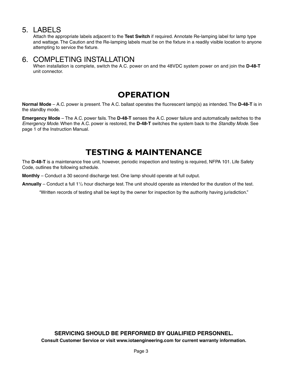 Operation, Testing & maintenance, Labels | Completing installation | IOTA D-48-T User Manual | Page 3 / 4