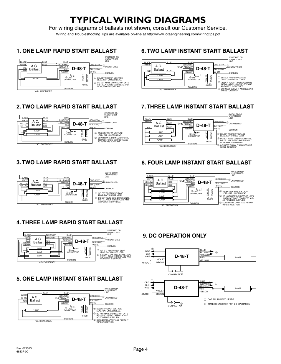 Typical wiring diagrams, Dc operation only, Page 4 | D-48-t, A.c. ballast | IOTA D-48-T User Manual | Page 4 / 4
