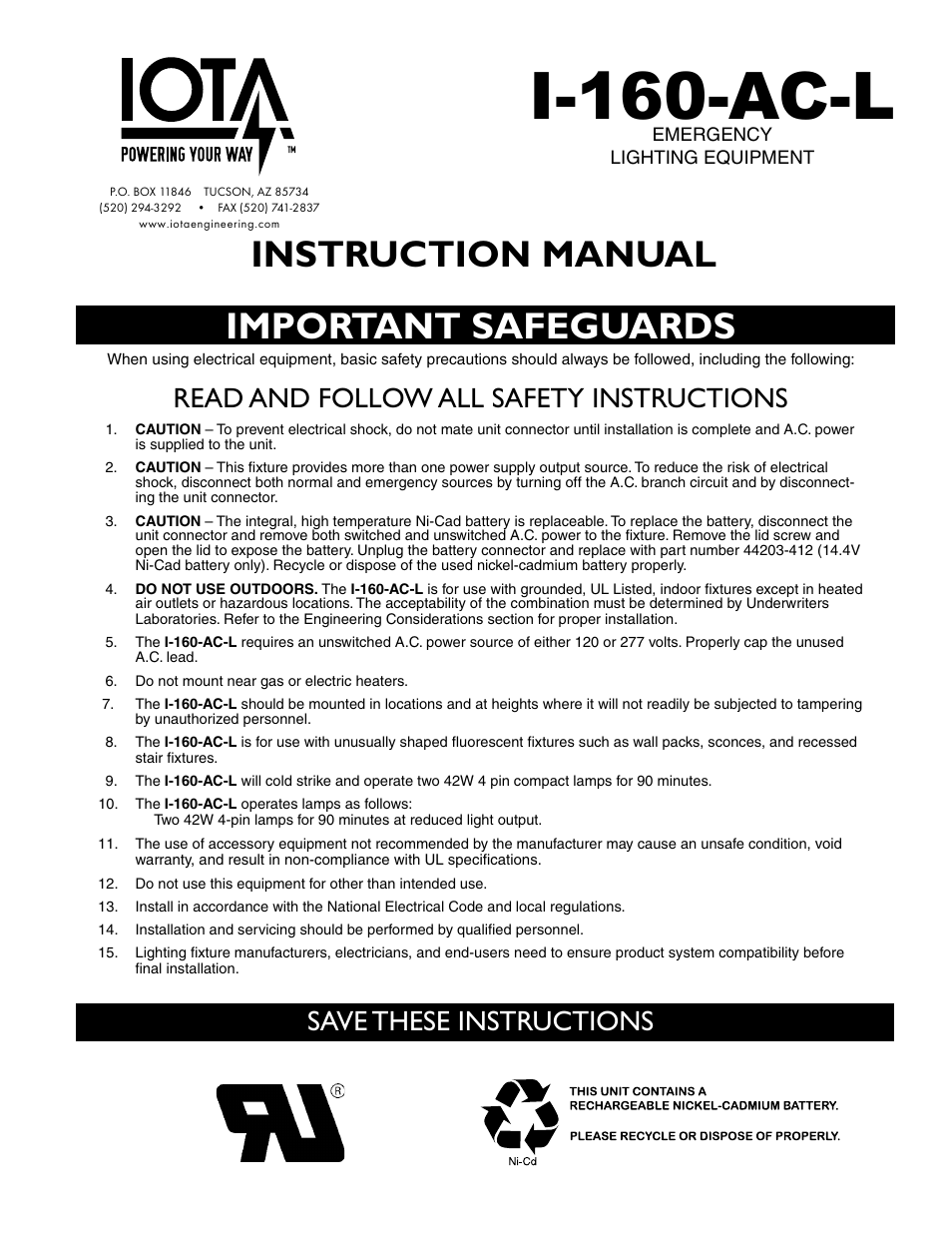 IOTA I-160-AC-L User Manual | 4 pages