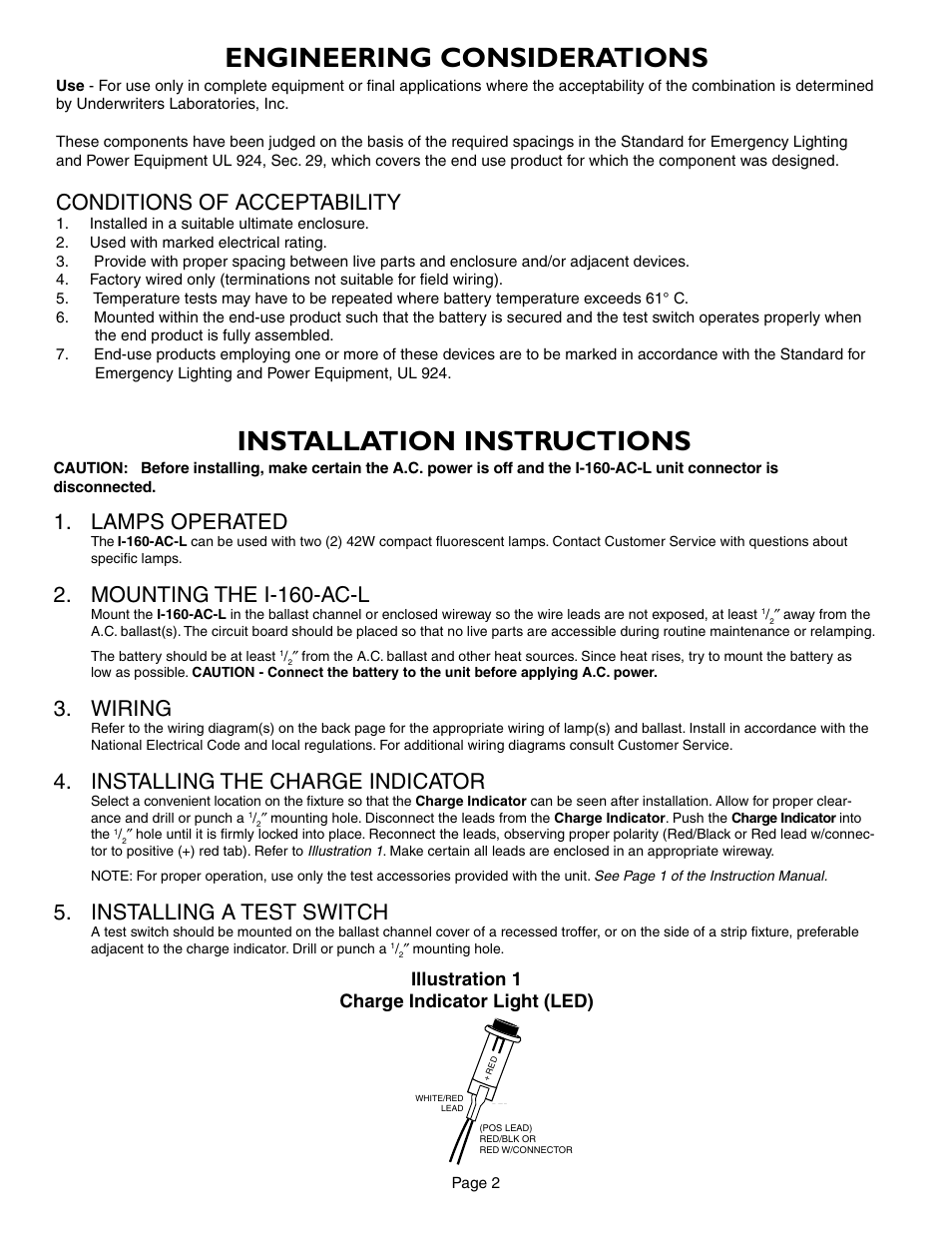 Installation instructions, Engineering considerations, Lamps operated | Mounting the i-160-ac-l, Wiring, Installing the charge indicator, Installing a test switch, Conditions of acceptability, Illustration 1 charge indicator light (led) | IOTA I-160-AC-L User Manual | Page 2 / 4