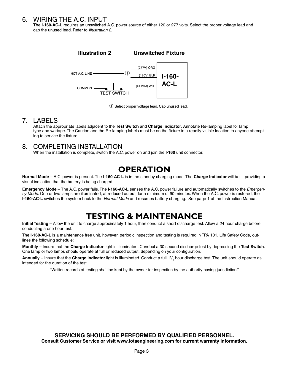 Operation, Testing & maintenance, Wiring the a.c. input | Labels, Completing installation, I-160- ac-l | IOTA I-160-AC-L User Manual | Page 3 / 4