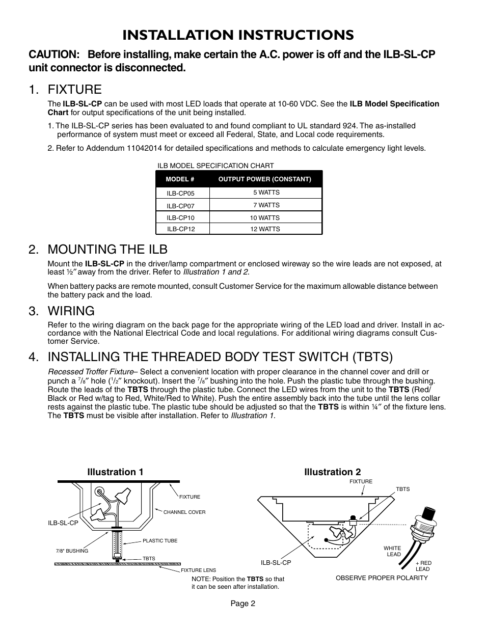 Installation instructions, Fixture, Mounting the ilb | Wiring, Installing the threaded body test switch (tbts), Illustration 1, Illustration 2 | IOTA ILB-SL-CP12 User Manual | Page 2 / 5