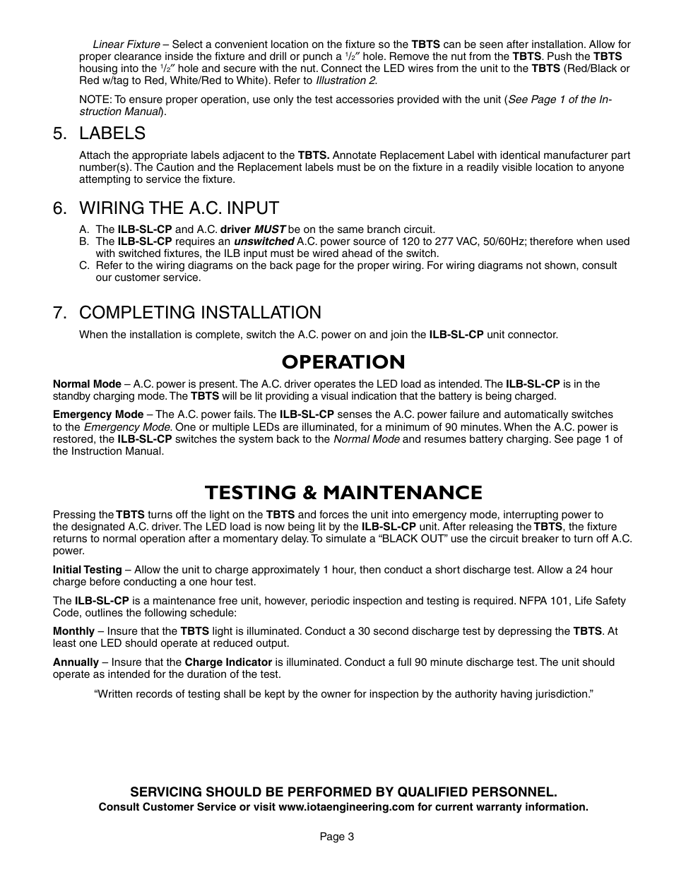 Operation, Testing & maintenance, Labels | Wiring the a.c. input, Completing installation | IOTA ILB-SL-CP12 User Manual | Page 3 / 5