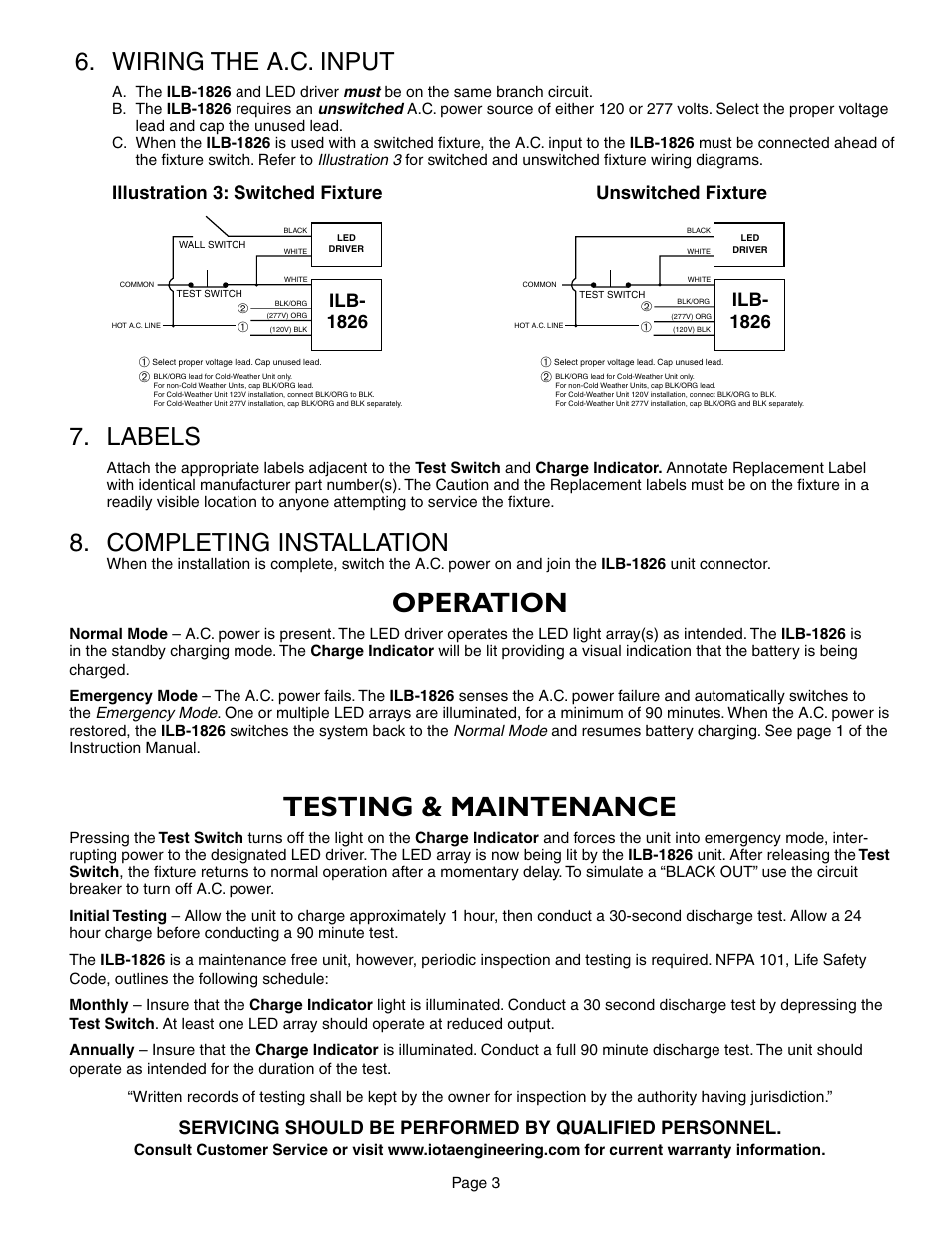 Operation, Testing & maintenance, Wiring the a.c. input | Labels, Completing installation | IOTA ILB-1826 User Manual | Page 3 / 4