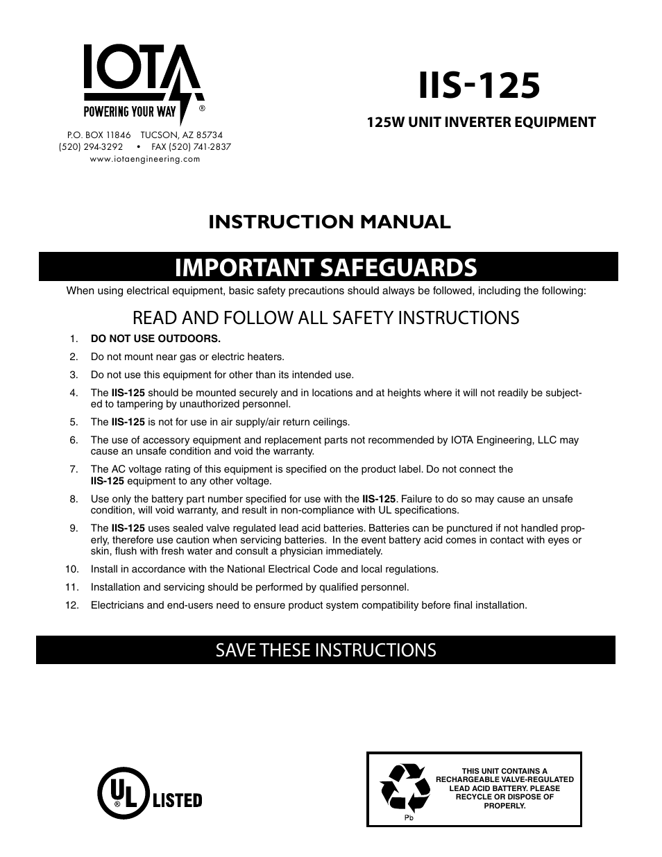 IOTA IIS-125-SM User Manual | 4 pages