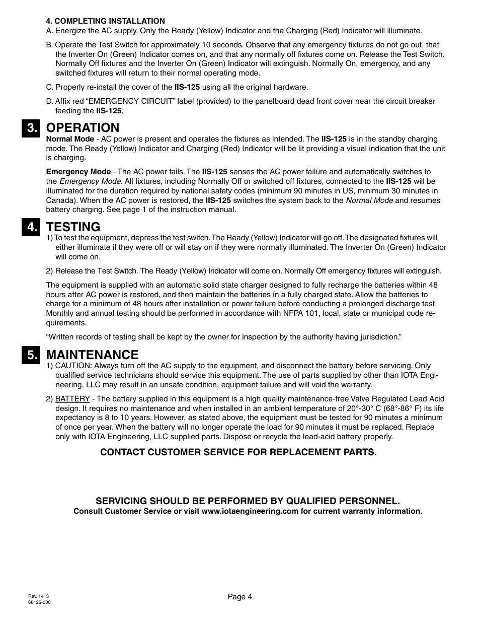Operation, Testing, Maintenance | IOTA IIS-125-SM User Manual | Page 4 / 4