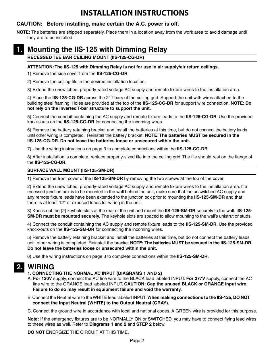 Installation instructions, Mounting the iis-125 with dimming relay, Wiring | IOTA IIS-125-SM-DR User Manual | Page 2 / 4