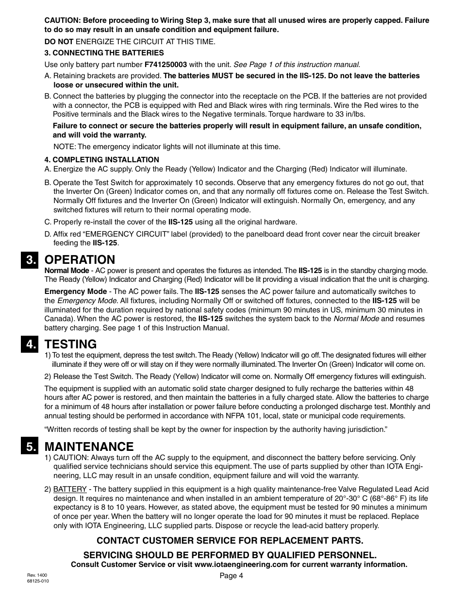 Operation, Testing, Maintenance | IOTA IIS-125-SM-DR User Manual | Page 4 / 4