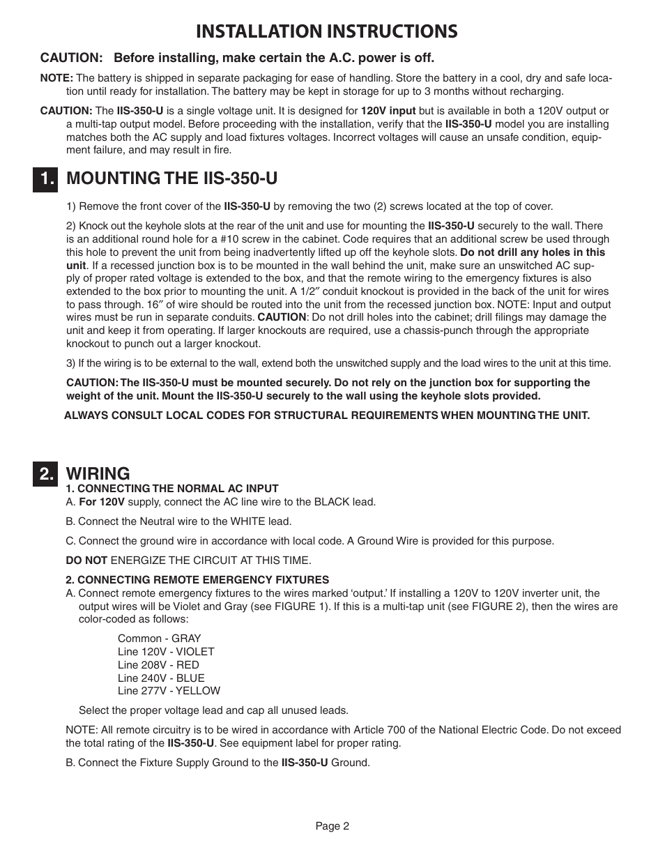 Installation instructions, Wiring, Mounting the iis-350-u | IOTA IIS-350-UM User Manual | Page 2 / 4