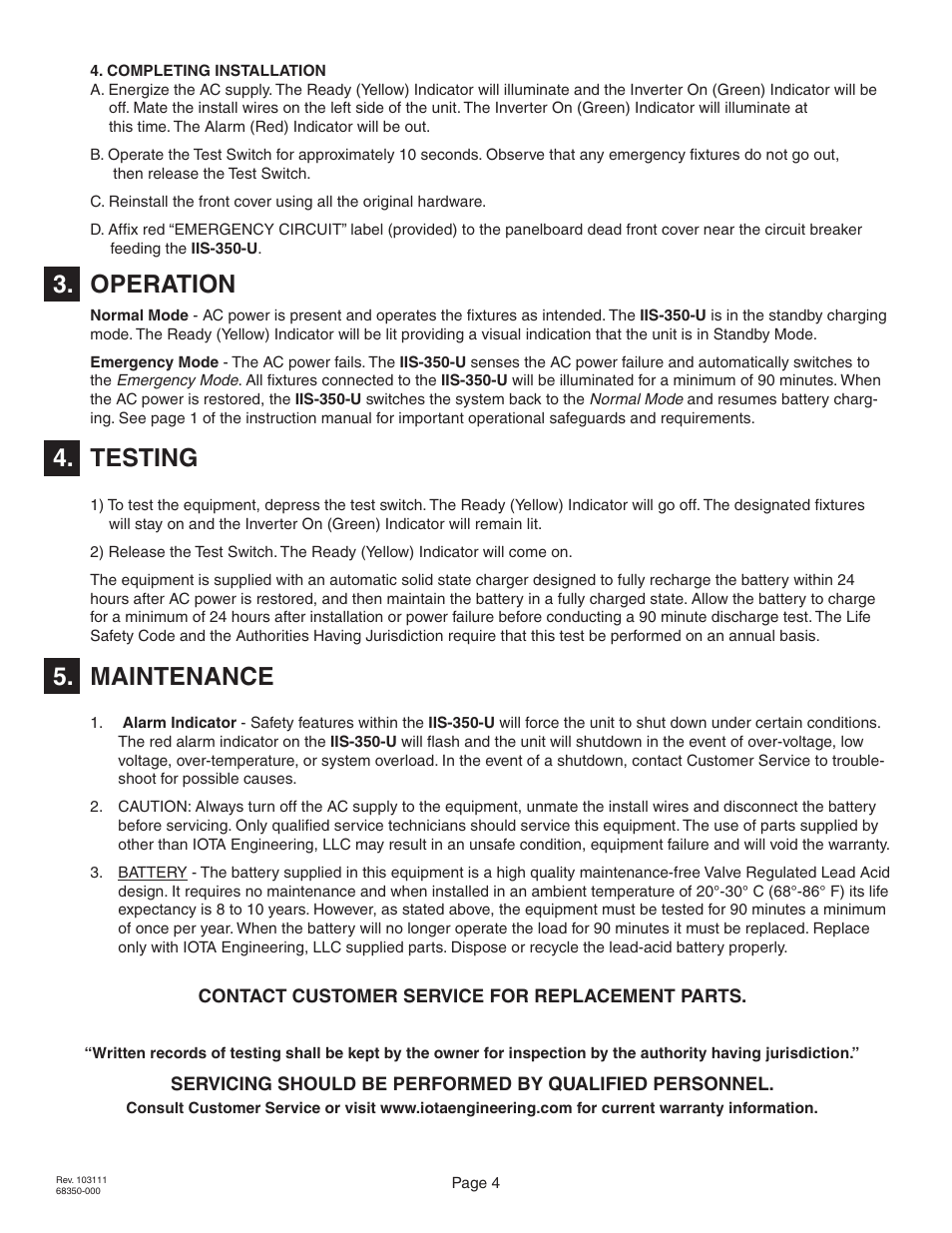 Operation, Testing, Maintenance | IOTA IIS-350-UM User Manual | Page 4 / 4