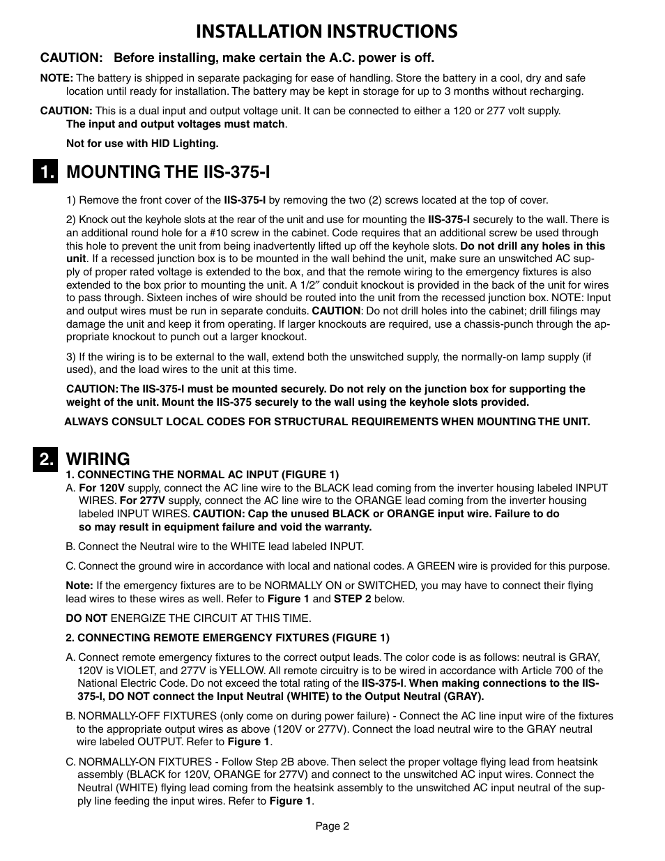 Installation instructions, Wiring, Mounting the iis-375-i | IOTA IIS-375-I User Manual | Page 2 / 4