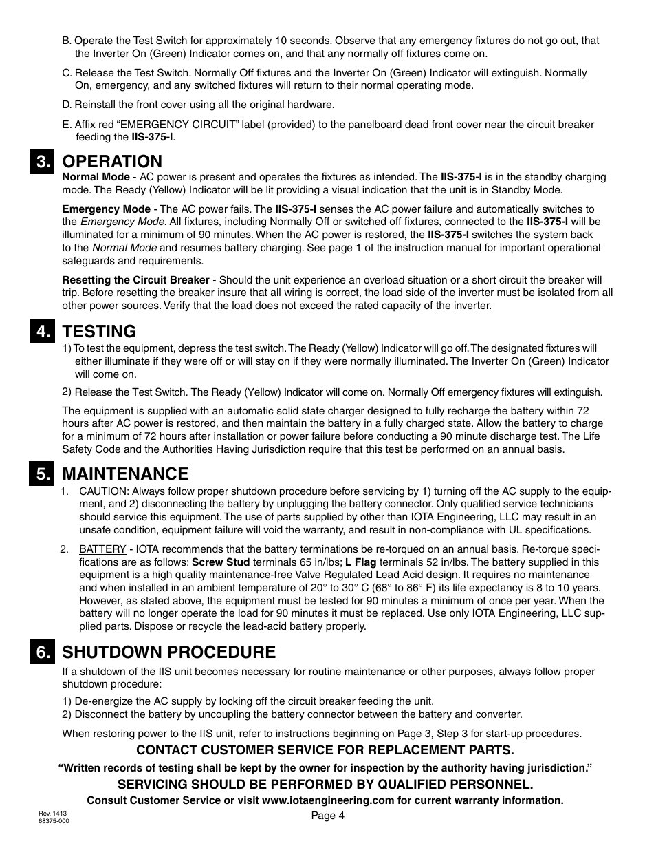 Operation, Testing, Maintenance | Shutdown procedure | IOTA IIS-375-I User Manual | Page 4 / 4