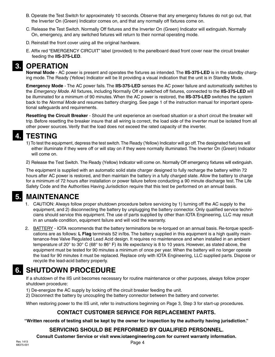 Operation, Testing, Maintenance | Shutdown procedure | IOTA IIS-375-LED User Manual | Page 4 / 4