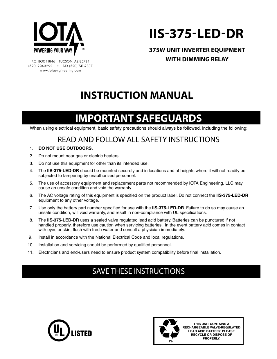 IOTA IIS-375-LED-DR User Manual | 4 pages