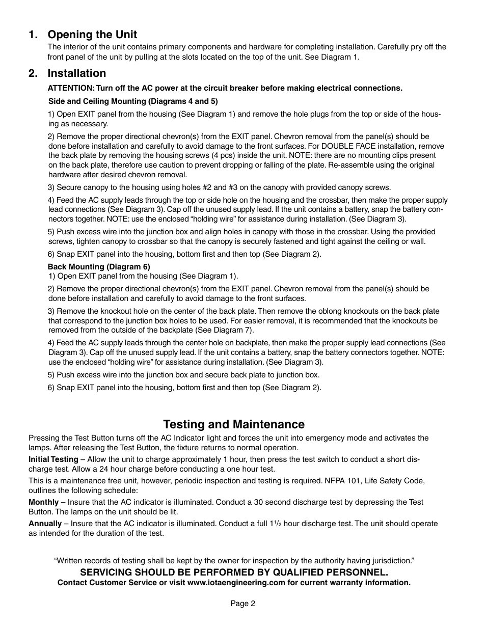 Testing and maintenance, Opening the unit, Installation | IOTA CE Series User Manual | Page 2 / 4