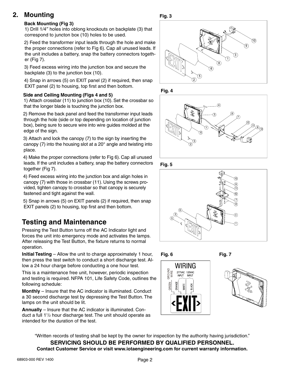 Testing and maintenance, Mounting | IOTA PE Series User Manual | Page 2 / 2