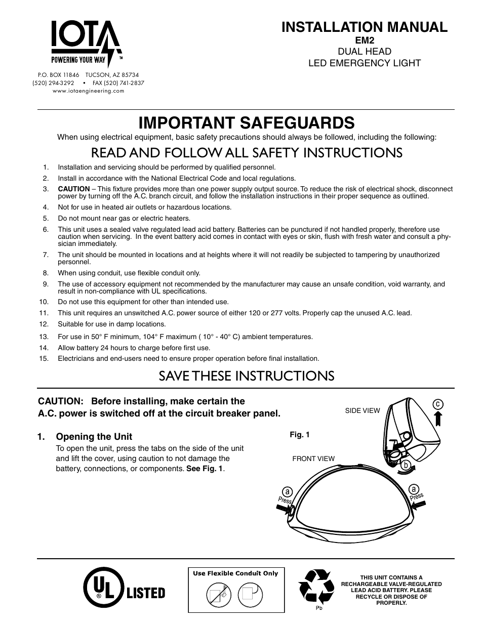 IOTA EM2 Dual Head Emergency Fixture User Manual | 2 pages