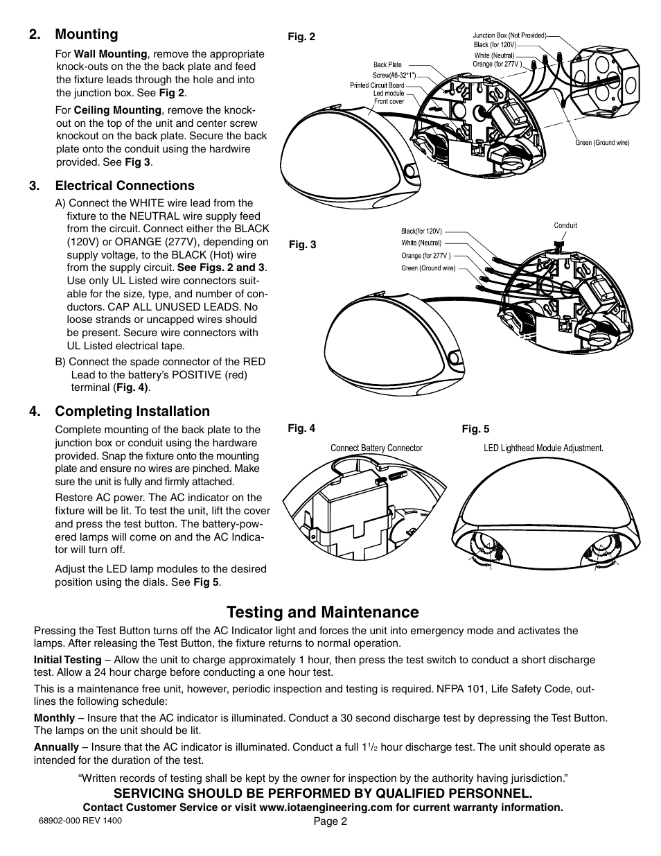 Testing and maintenance, Mounting, Completing installation | IOTA EM2 Dual Head Emergency Fixture User Manual | Page 2 / 2