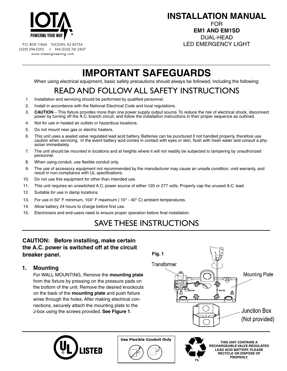 IOTA EM1 Dual Head Emergency Fixture User Manual | 2 pages