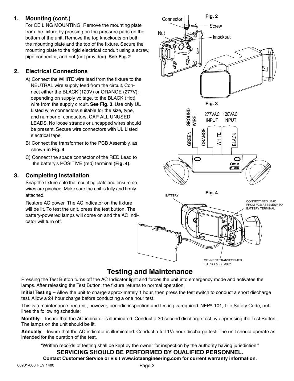 Testing and maintenance | IOTA EM1 Dual Head Emergency Fixture User Manual | Page 2 / 2