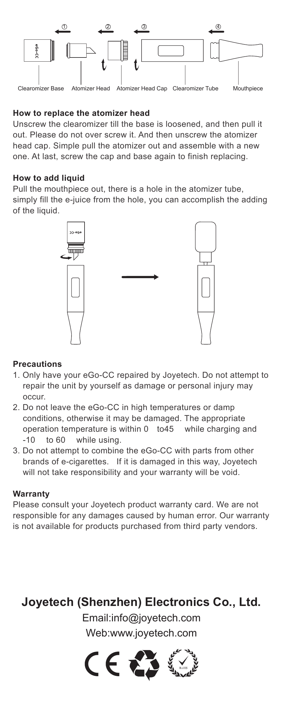 Joyetech (shenzhen) electronics co., ltd | Joyetech eGo-CC Clearomizer User Manual | Page 2 / 2