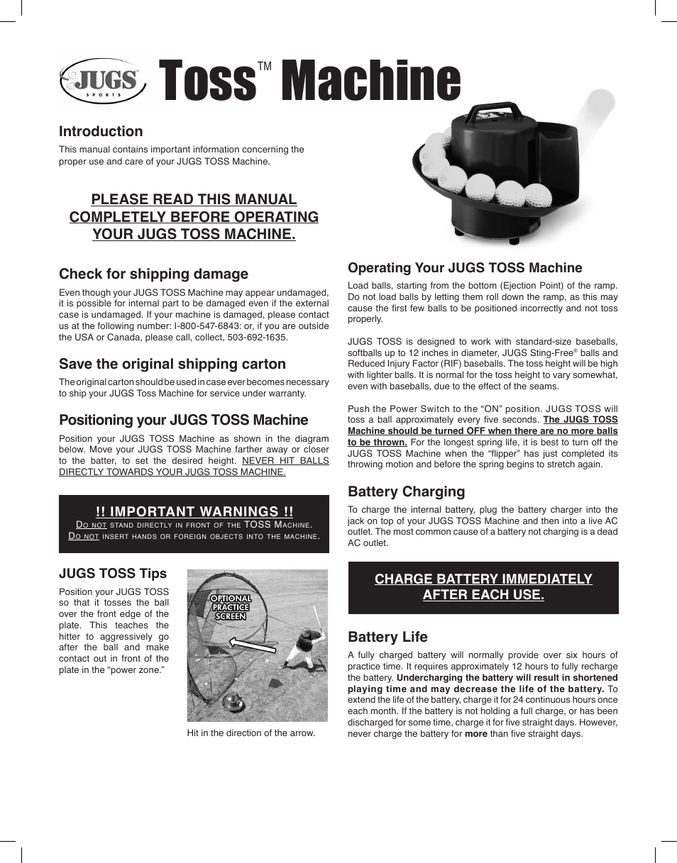 JUGS Sports Toss Machine User Manual | 2 pages