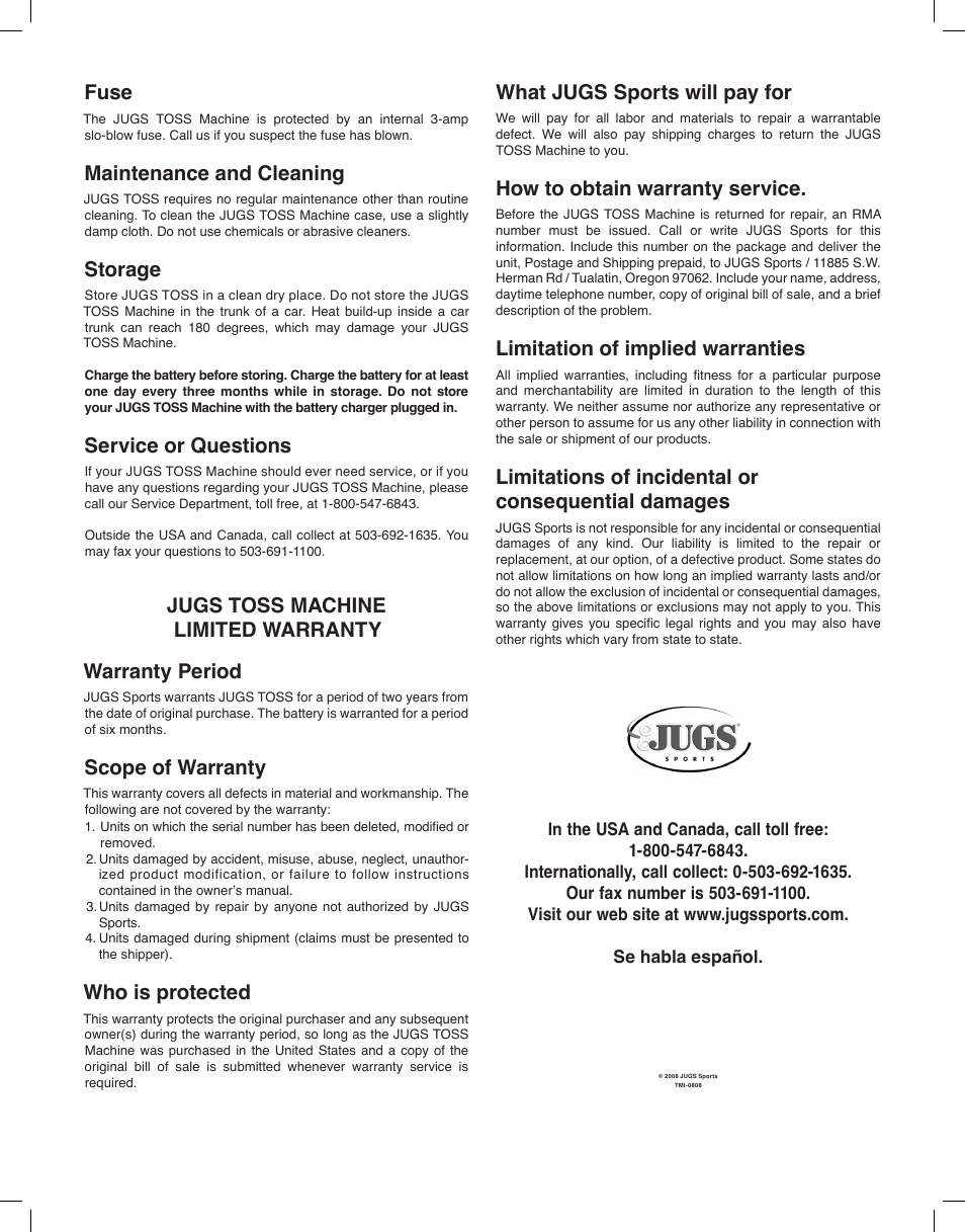 What jugs sports will pay for, How to obtain warranty service, Limitation of implied warranties | Limitations of incidental or consequential damages, Fuse, Maintenance and cleaning, Storage, Service or questions, Jugs toss machine limited warranty warranty period, Scope of warranty | JUGS Sports Toss Machine User Manual | Page 2 / 2