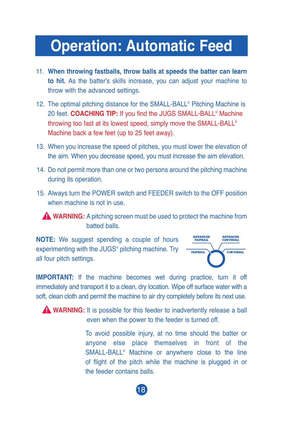 Operation: automatic feed | JUGS Sports SMALL-BALL Pitching Machine User Manual | Page 19 / 24